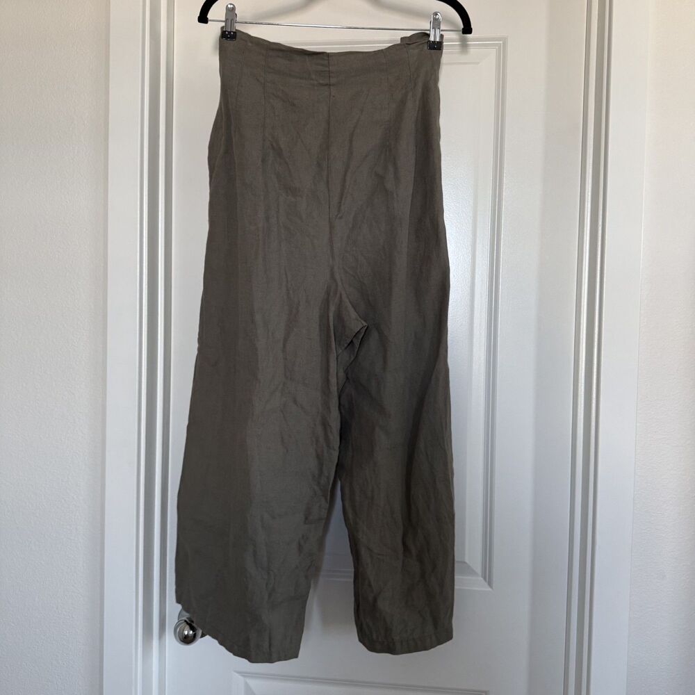 Zara 100% linen wide leg XL paper bag trouser belted olive green summer - Picture 3 of 13
